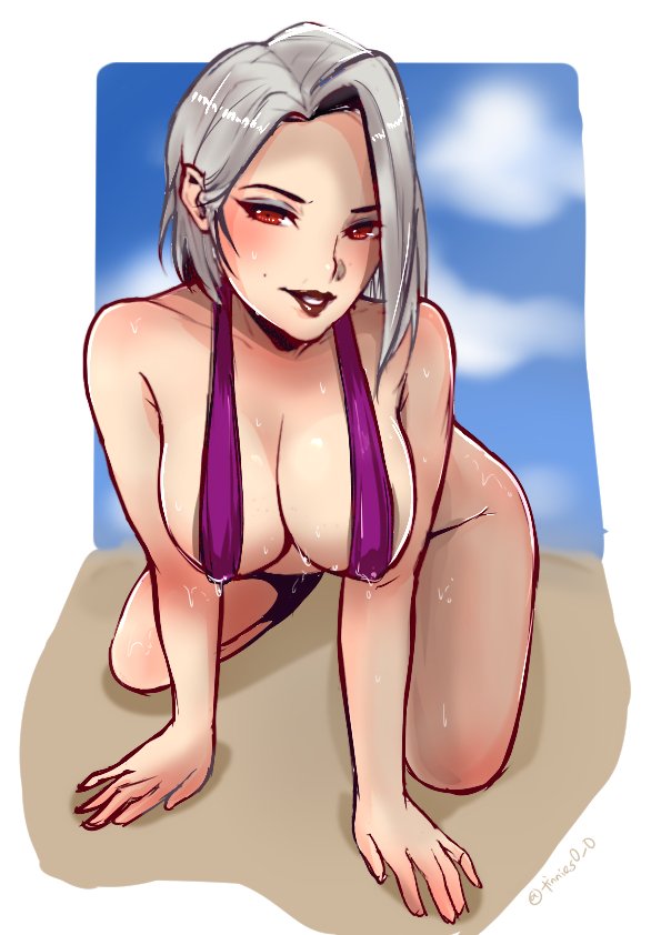 1girls, 2d, ashe (overwatch), big breasts, bikini, blizzard entertainment, blush, breasts, cleavage, female, female only, large breasts, looking at viewer, overwatch, sling bikini, solo, tinnies