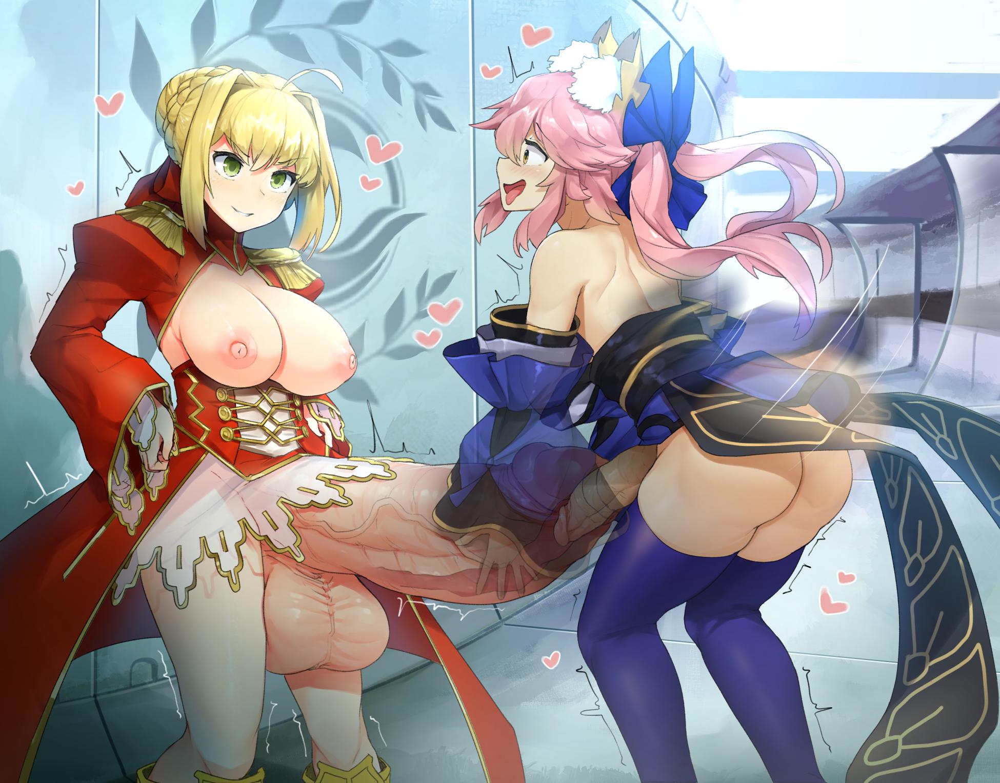 2futas, about to cum, areolae, ass, balls, big balls, big breasts, blonde hair, blush, breasts, dickgirl, docking, erection, fate (series), fate/grand order, futa on futa, futa only, futa urethral insertion, futanari, green eyes, hands on hips, heart, holding penis, huge cock, intersex, large breasts, looking at partner, looking pleasured, motion lines, nero claudius (fate), nipples, penile urethral insertion, penis, penis longer than knee, penis size difference, pink hair, shaking, sinensian, smug face, tamamo no mae (fate), thighhighs, throbbing penis, tongue, tongue out, uncensored, urethral, urethral insertion, urethral penetration, veiny penis, x-ray