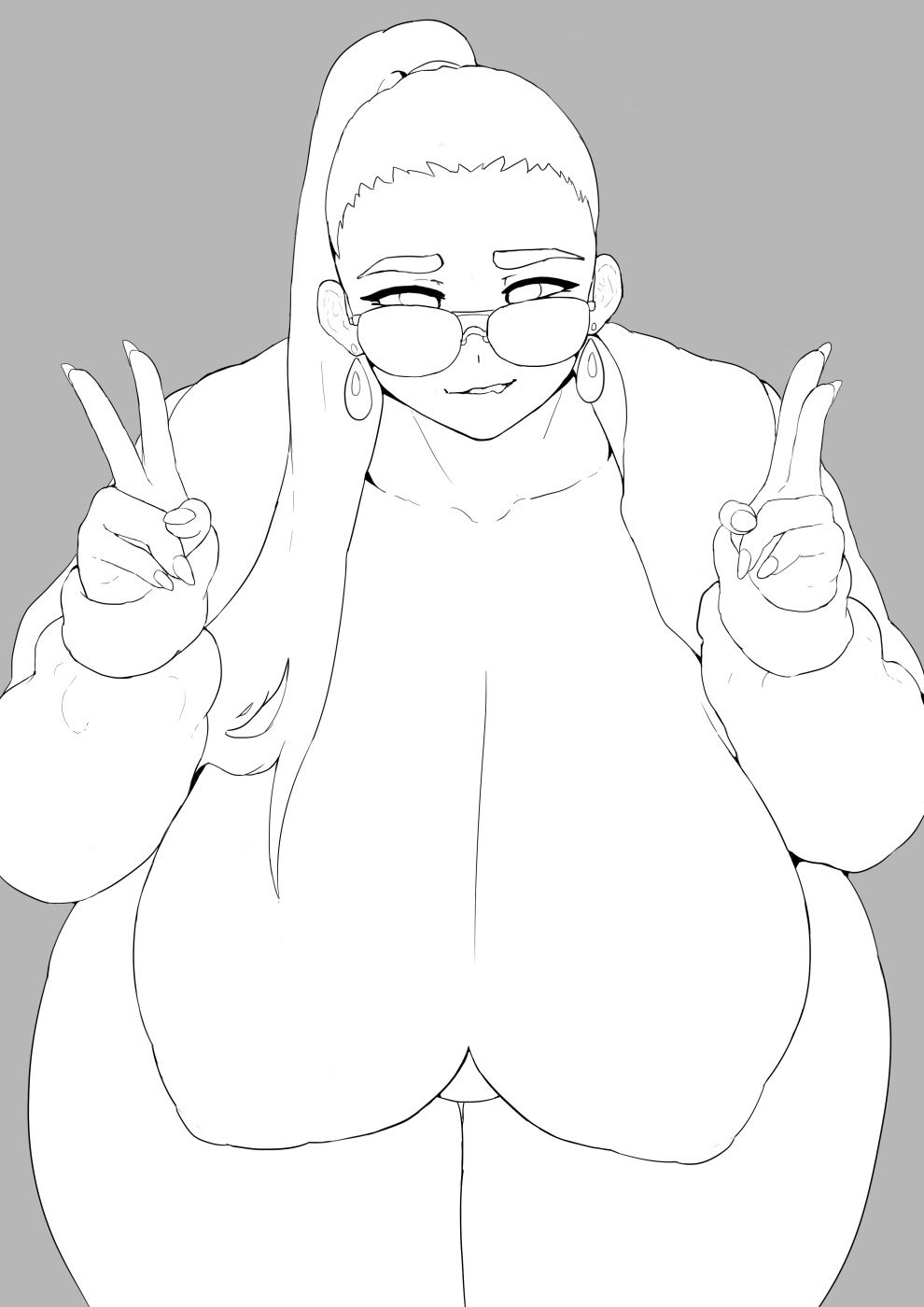 1girls, big breasts, breasts, breasts out, busty, chubby, clothing, collarbone, curvy, donaught, earrings, exposed breasts, eyelashes, female, female only, glasses, grey background, highres, hoop earrings, huge breasts, jacket, kathy (donaught), large breasts, line art, lineart, long ponytail, long sleeves, looking at viewer, monochrome, nails, nipple outline, no bra, open clothes, open jacket, original, partially clothed, ponytail, presenting, presenting breasts, sexually suggestive, smile, smiling, solo, teeth, thick thighs, topless, v, voluptuous, wide hips