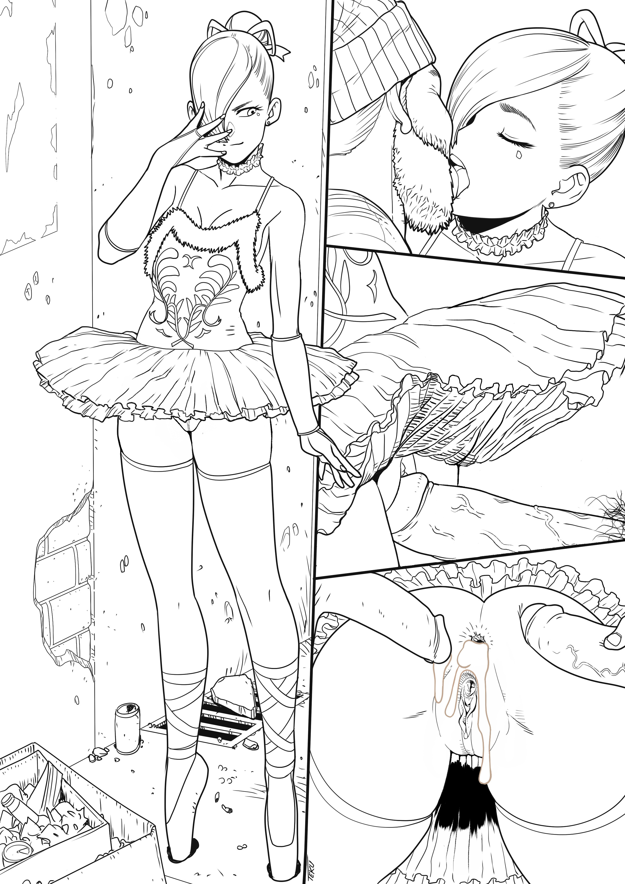 1girls, 2boys, after anal, after sex, alley, anal, armwear, ass, ballerina, ballerina shoes, black and white, breasts, clothing, collar, comic, cum in ass, female, french kiss, frottage, genderswap, genderswap (mtf), hair over one eye, innie pussy, legwear, male, microskirt, monochrome, penis, penis touching vagina, pussy, rule 63, sleekette, small breasts, tekuho, thighhighs, tutu, veiny penis