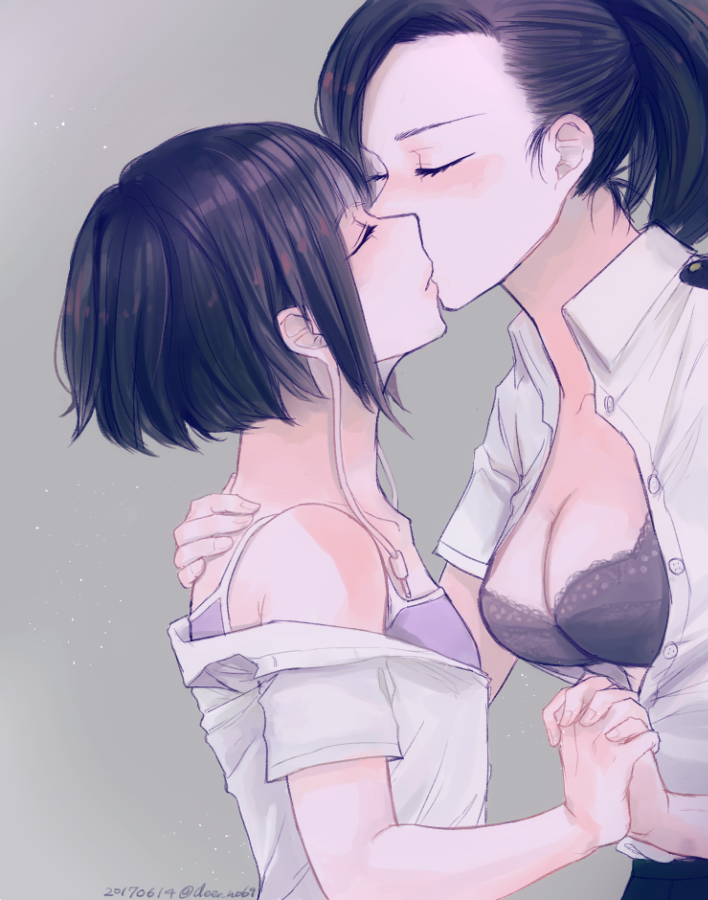 2girls, black hair, black-haired female, bra, closed eyes, deer no69, female, female focus, female only, holding hands, kissing, kyoka jiro, momo yaoyorozu, multiple females, multiple girls, my hero academia, open clothes, purple hair, purple-haired female, short hair, white shirt, wholesome, yuri