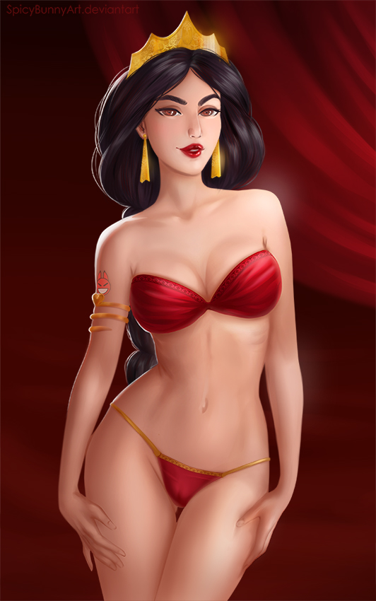 aladdin bikini dark-skinned_female disney disney_princess evil_queen_jasmine female g-string jafar_harem_outfit lingerie medium_breasts princess_jasmine red_lingerie solo spicybunny