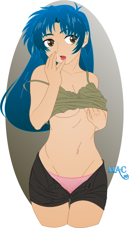 1girls blue_hair brown_eyes female female_only full_metal_panic grifdaddy kaname_chidori panties pants_open pink_panties shirt_lift solo tan_background thigh_gap underboob white_background zipper_down