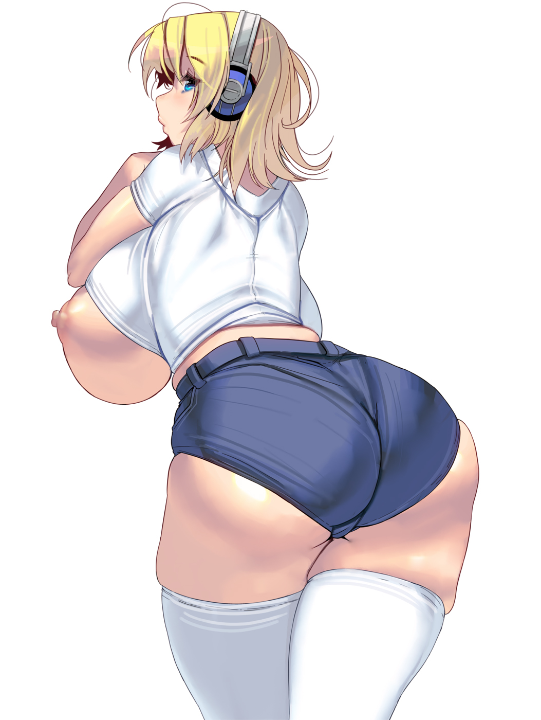ass, belt, blonde hair, blue eyes, breasts, curvy, female, from behind, headphones, highres, huge breasts, long hair, looking at viewer, looking back, masao, one breast out, original, parted lips, shirt, short shorts, shorts, simple background, skindentation, solo, thighhighs, white background, white legwear, white shirt