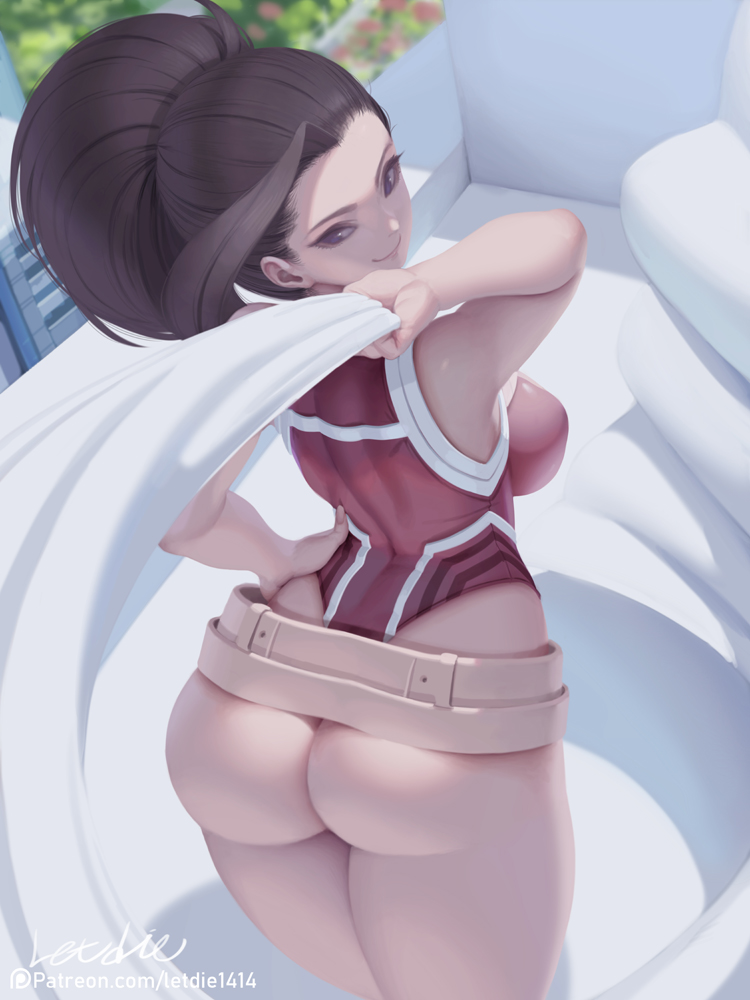1girls, ass, black hair, black-haired female, female, letdie1414, looking at viewer, momo yaoyorozu, my hero academia, smile