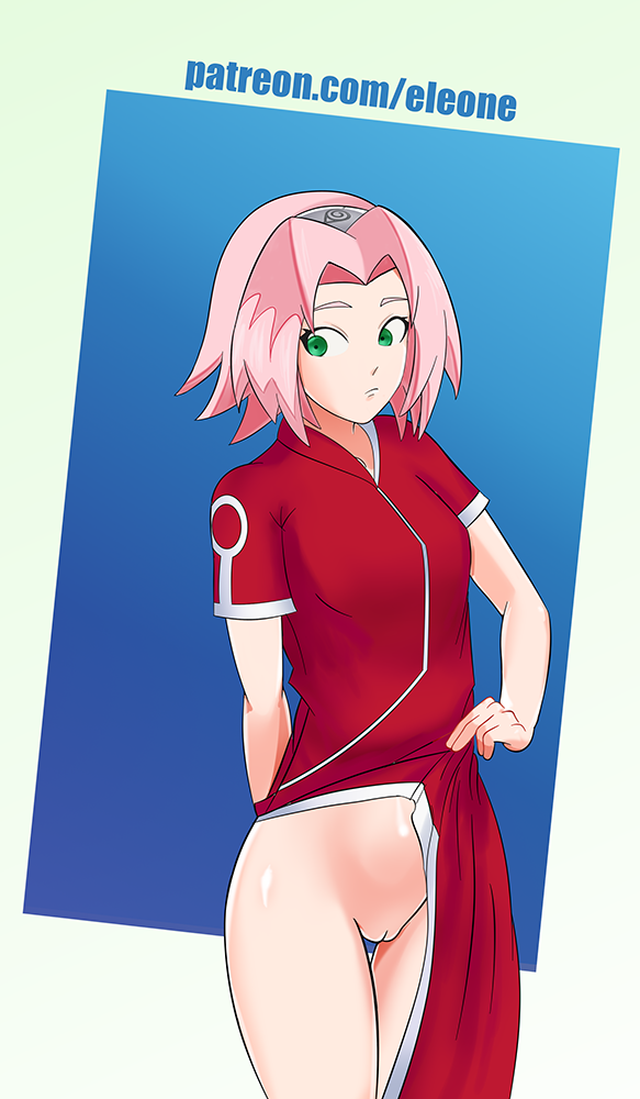 clothing dress dress_lift eleone female female_only green_eyes headband legs lifting_dress long_dress naruto naruto_(classic) naruto_(series) no_panties pink_hair pussy sakura_haruno solo solo_female solo_focus thighs vagina