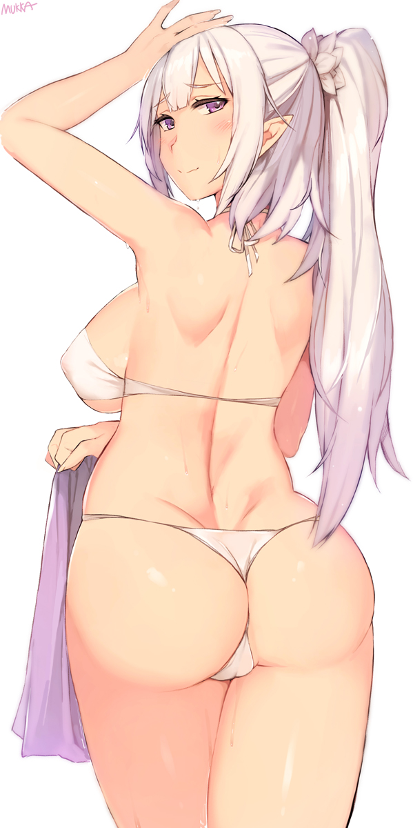 1girls ass big_breasts bikini breasts cleavage emilia_(re:zero) female female_only large_breasts looking_at_viewer looking_back mukka re:zero_kara_hajimeru_isekai_seikatsu solo