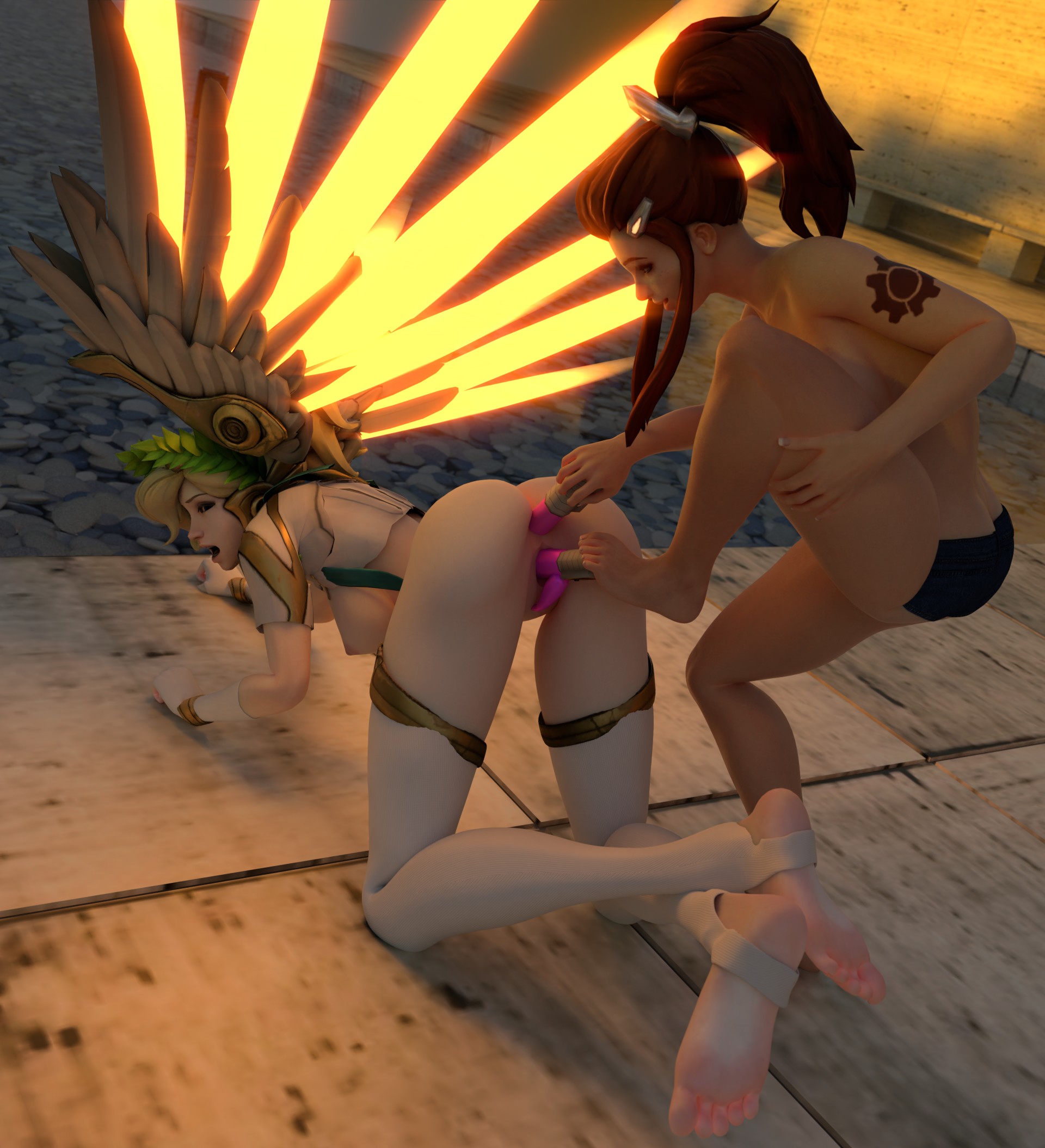 2019, 2girls, 3d, alternate costume, anal, anal object insertion, blender, blizzard entertainment, blonde hair, brigitte, dildo, double penetration, female, mercy, overwatch, pool, sex toys, summer games series, tagme, tattoo, thecount, winged victory mercy, yuri