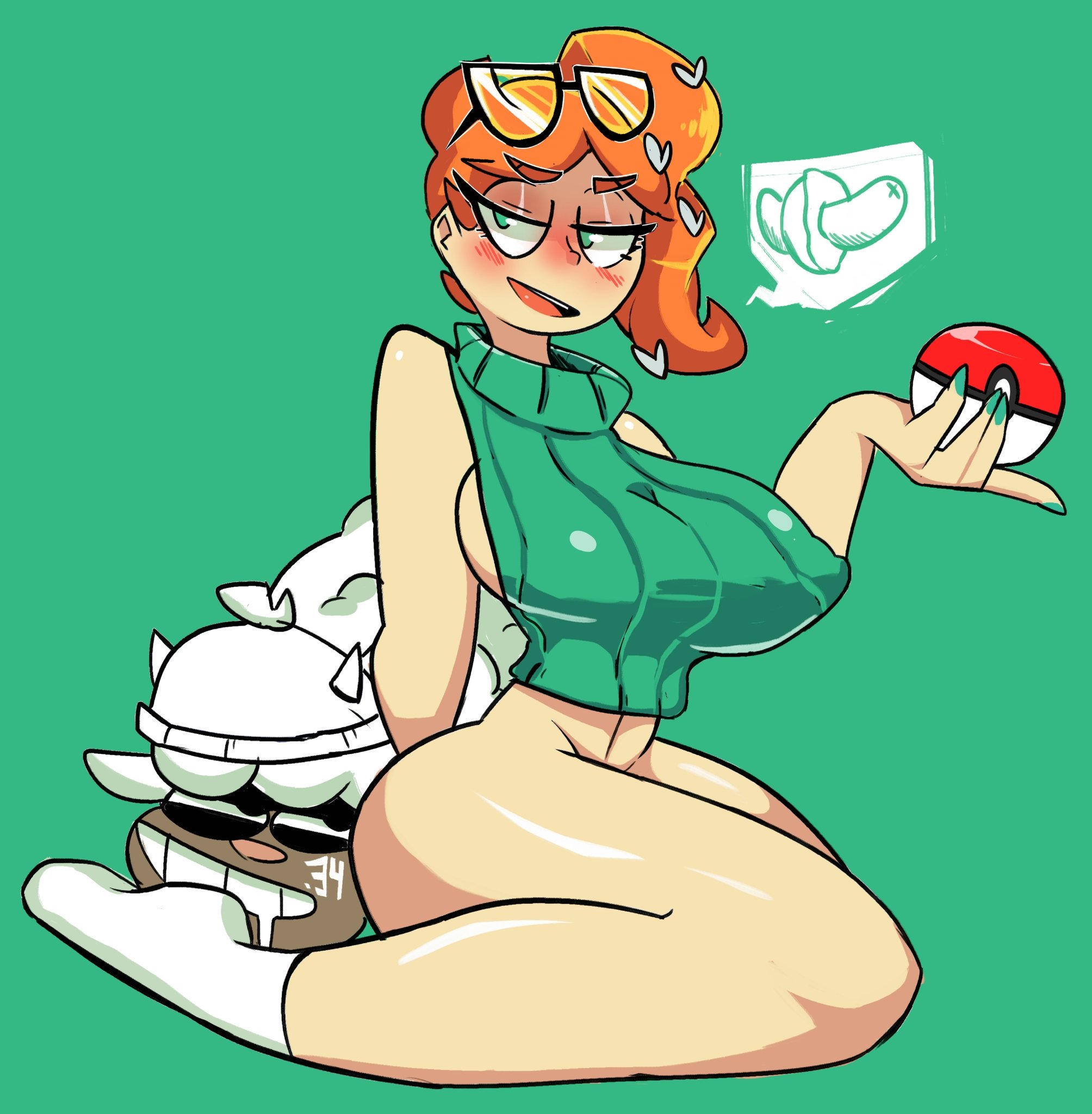 1girls, alternate breast size, ambiguous gender, ass, being watched, big ass, big eyes, bix34, black eyes, bottomless, breasts, drooling, eye contact, eyelashes, feet, female, feral, green background, green eyes, green nails, grin, hair ornament, half-closed eyes, heart, huge breasts, human, kneeling, larger female, long hair, looking at viewer, nail polish, nintendo, orange hair, poke ball, pokemon, pokemon (species), pokemon ss, pokephilia, saliva, sheep, sideboob, size difference, socks, sonia (pokemon), sunglasses, teeth, text, thick thighs, thin waist, watermark, white fur, white socks, wide hips, wooloo