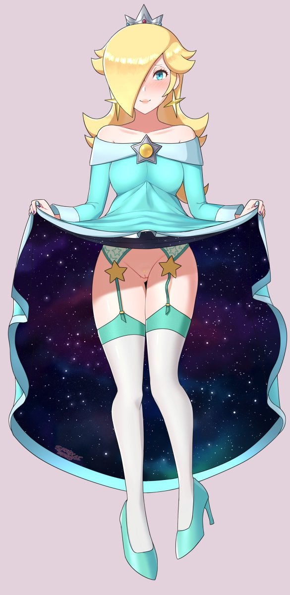 blonde hair, blue eyes, blush, clothed, female, garter belt, looking at viewer, mario (series), nintendo, no panties, princess rosalina, pussy, sarukaiwolf, skirt lift, smile, solo, stockings, super mario galaxy, upskirt