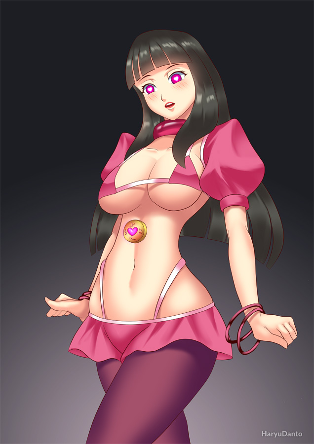 1girls big_breasts black_hair blush bracelet breasts cleavage collar eyebrows eyelashes hair hands haryu_(artist) haryudanto heart-shaped_pupils huge_breasts hypnosis hyuuga_hinata jewelry large_breasts lips lipstick long_hair mind_control miniskirt naruto naruto_shippuden navel open_mouth pantyhose pink_eyes shiny shiny_skin skirt solo symbol-shaped_pupils