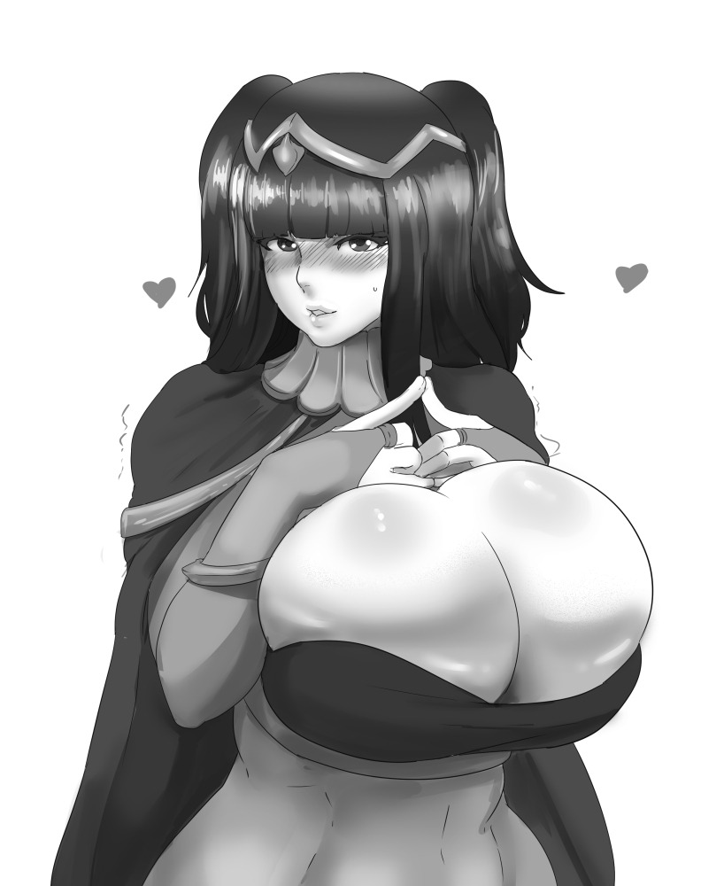 <3, 1girls, alternate breast size, bad censor, bangs, big breasts, blunt bangs, blush, blushing, bodystocking, bracelet, breasts, bridal gauntlets, bursting breasts, busty, cape, censored, cleavage, clothing, covered nipples, covering, curvy, donaught, embarrassed, eyelashes, female, female only, fingerless gloves, fingers together, fire emblem, fire emblem awakening, fit, fit female, fully clothed, gloves, hair ornament, highres, huge breasts, large breasts, lips, long gloves, long hair, looking at viewer, monochrome, nintendo, sexually suggestive, shiny hair, shiny skin, shy, solo, sweatdrop, tharja (fire emblem), tiara, tight clothing, twintails, video game, video games, voluptuous, white background, wide hips