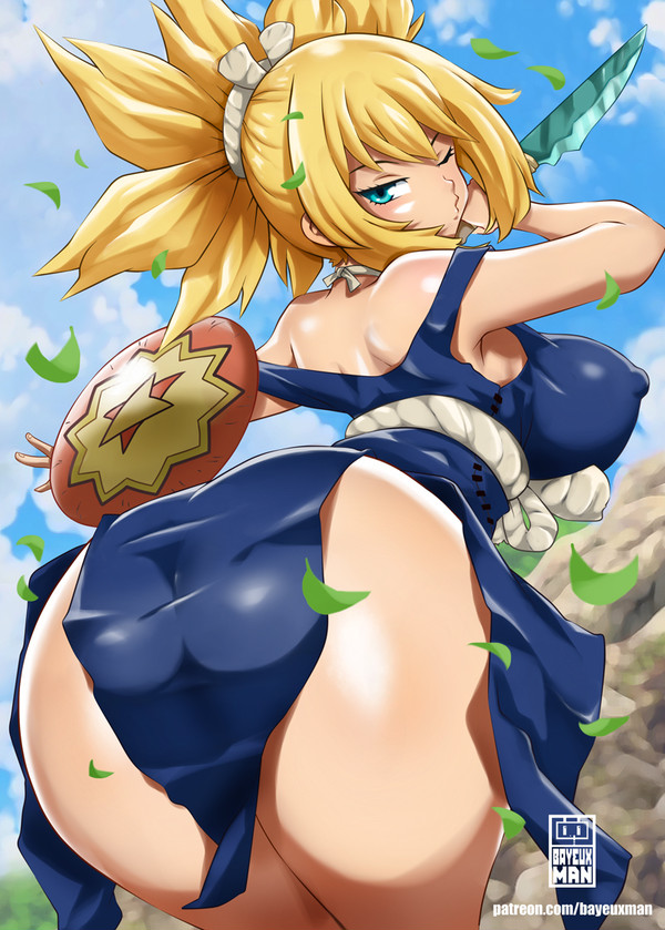 1girls ass bayeuxman bent_over big_ass big_breasts blonde_hair blowing_kiss blue_eyes clothed clothing dagger dat_ass dr.stone erect_nipples erect_nipples_under_clothes falling_leaves from_behind huge_breasts kissy_face kohaku_(dr.stone) leaf looking_at_viewer looking_back nipple_bulge no_panties one_eye_closed ponytail presenting presenting_hindquarters rope seductive shield sideboob wink