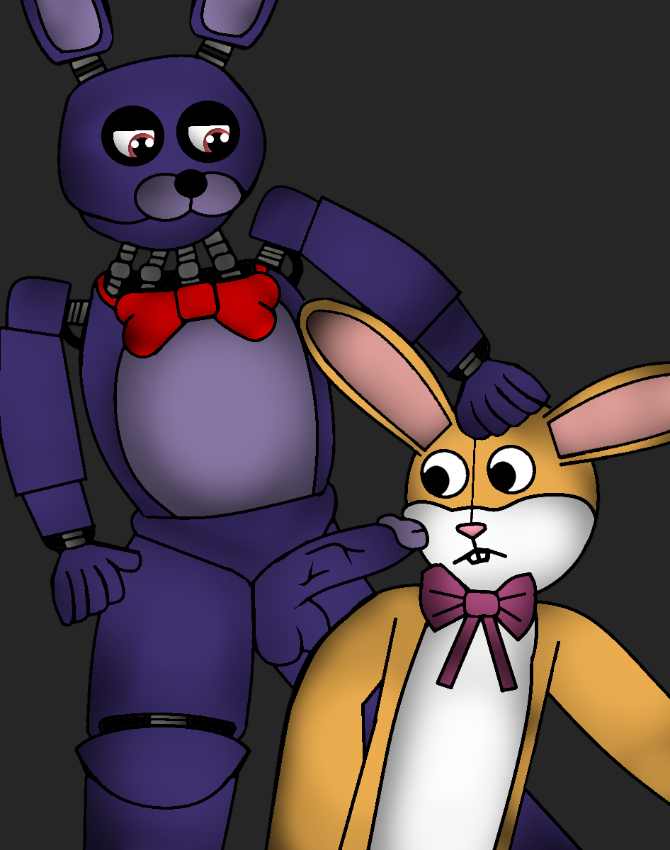 2019 2boys animatronic animatronics anthro bonnie_(fnaf) bunny crossover dark_deception dark_deception:_chapter_4 dick five_nights_at_freddy's fur furry furry_only gay joy_joy_gang looking_at_penis lucky_the_rabbit male_only mascot_mayhem penis rabbit simple_background tie