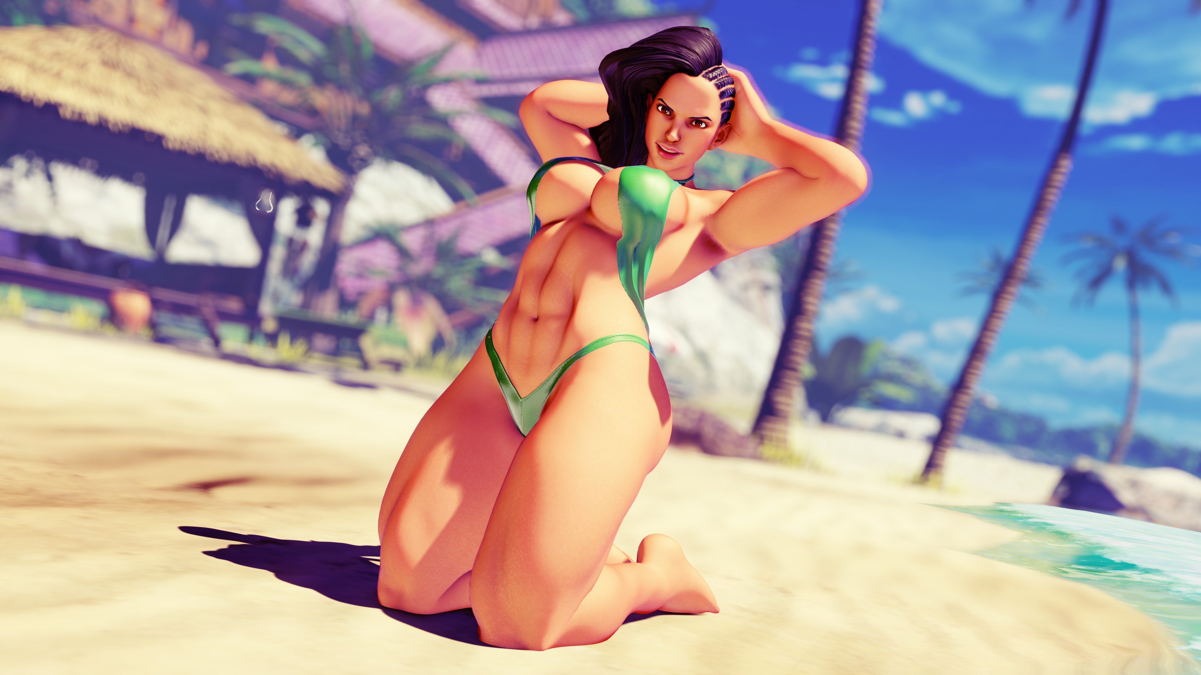 3d, abs, adnarimydeth, athletic, beach, biceps, black hair, brazilian, brazilian female, breasts, brown hair, busty, cleavage, cleavage cutout, deep cleavage, female, laura matsuda, muscular, muscular female, navel, pinup, pose, posing, skimpy, sling bikini, street fighter, swimsuit, thick thighs, wide hips