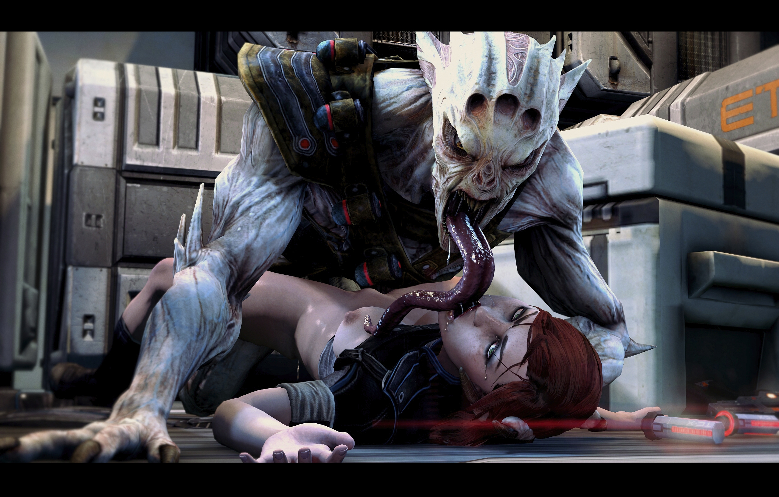 1boy, 1girls, 3d, alien, ambiguous penetration, bottomless, cheopsfm, clothing, commander shepard, defeated, drooling, female, female protagonist, femshep, indoors, licking, long tongue, looking at viewer, male, mass effect, missionary, monster, on back, open eyes, partially clothed, prehensile tongue, rape, red hair, sex, shirt up, source filmmaker, submissive, tongue, vorcha