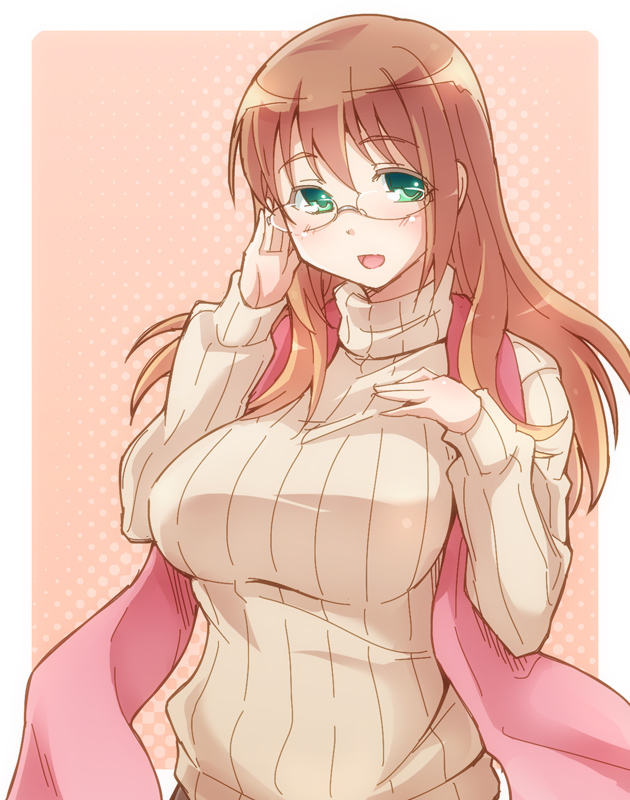 1girls adjusting_glasses bangs big_breasts blush breasts brown_hair e20 glasses green_eyes hair_between_eyes large_breasts long_hair looking_at_viewer matsumi_yuu megane open_mouth ribbed_sweater saki saki_achiga-hen scarf smile sweater