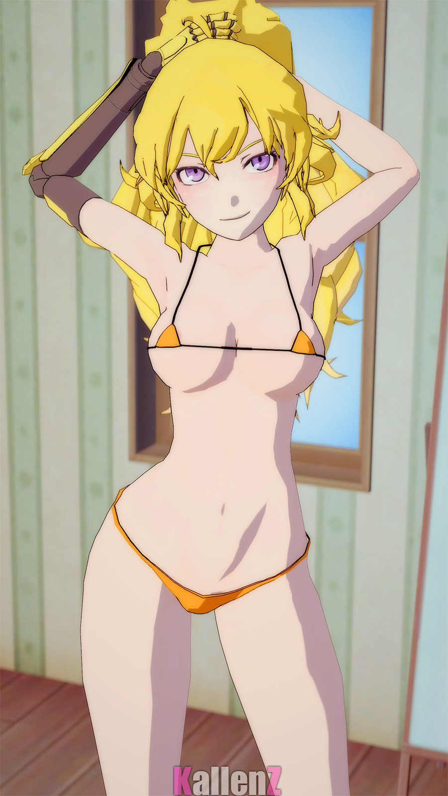 1girls 3d 3d_(artwork) bikini blonde_hair breasts cleavage female female_only kallenz looking_at_viewer prosthetic prosthetic_arm purple_eyes robotic_arm rwby solo source_filmmaker yang_xiao_long