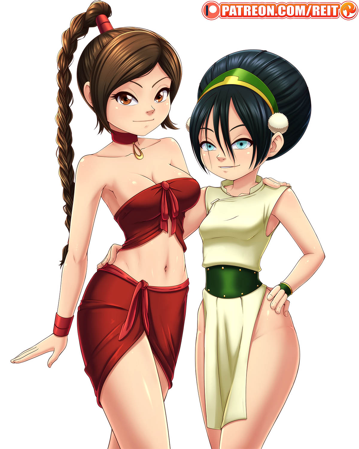 2girls, arm around shoulders, arm around waist, armpits, athletic, avatar the last airbender, bare shoulders, black hair, blind, blue eyes, braid, braided hair, breasts, brown eyes, brown hair, busty, choker, cleavage, clothed, clothing, dress, duo, embrace, exposed butt, female, female only, friends, hair bun, hairband, hand on hip, hourglass figure, looking at viewer, medium breasts, midriff, navel, patreon, reit, revealing clothes, short hair, size difference, skirt, small breasts, smile, thin waist, toph bei fong, ty lee, wristbands