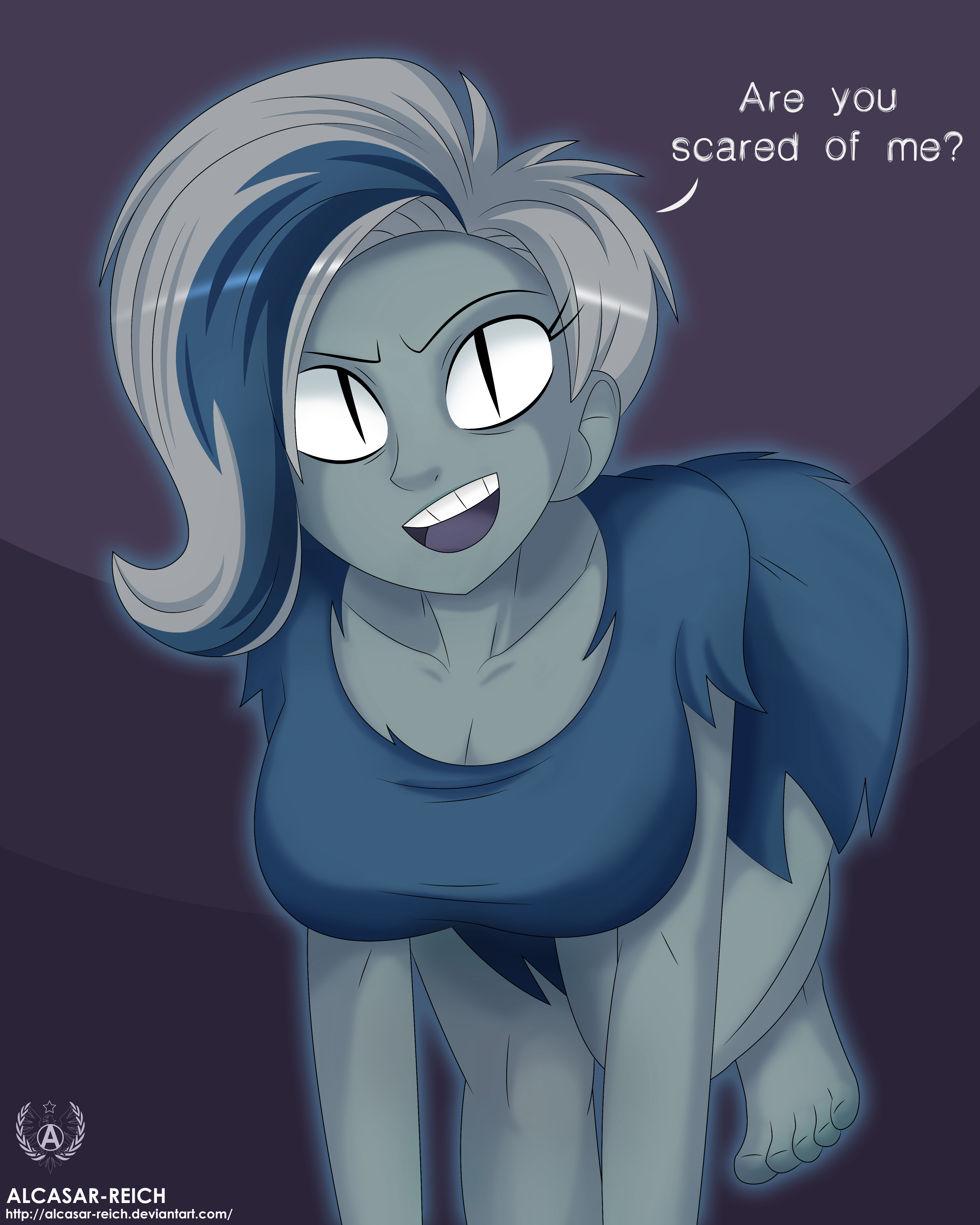 1girls, aged up, alcasar-reich, all fours, barefoot, blue dress, blue skin, breasts, cleavage, dialogue, dress, feet, female, female only, ghost, ghost girl, hanna-barbera, large breasts, legs, looking at viewer, open mouth, phantasma phantom, purple background, scooby-doo, scooby-doo and the ghoul school, short hair, signature, slit pupils, solo, teeth, text, toes, tongue, white hair