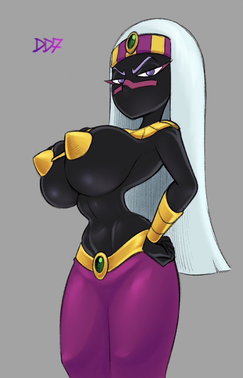 alien, big breasts, black skin, blue eyes, breasts, daredemon7000, duck dodgers, egyptian clothes, eyelashes, female, female only, headband, large breasts, long hair, looking at viewer, martian, martian (duck dodgers), necklace, no mouth, purple eyes, purple skirt, queen tyr'ahnee, voluptuous, white hair, wristbands