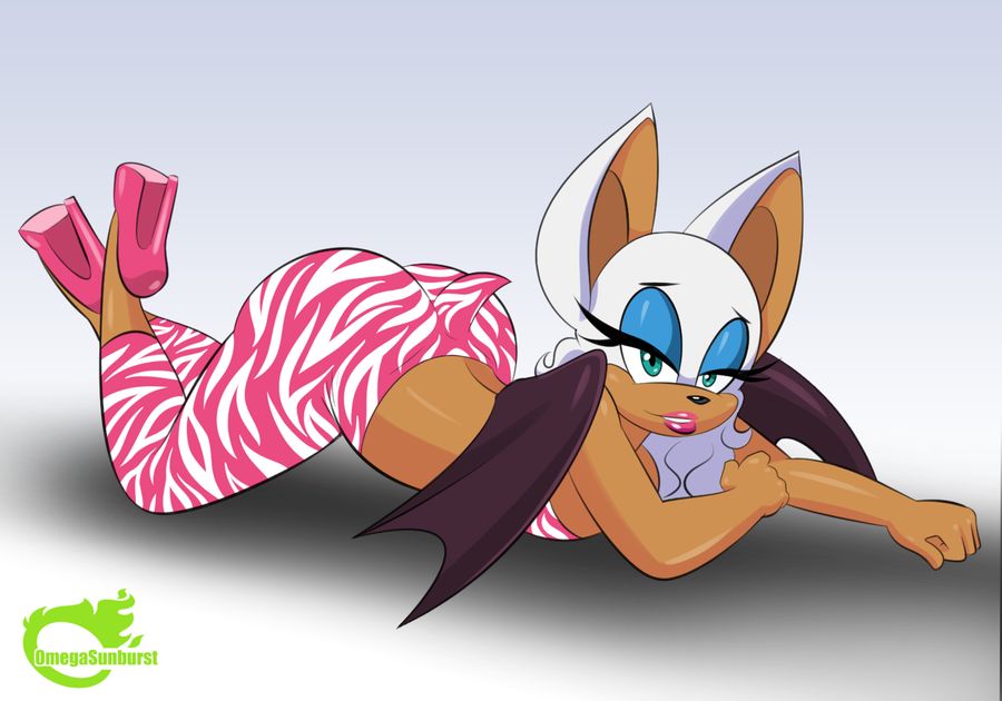 1girls, 2016, anthro, ass, bat, blue eyes, eyeshadow, female, female only, full body, furry, hair, high heels, huge ass, laying down, laying on stomach, legs, looking at viewer, lying, lying on stomach, makeup, mammal, omegasunburst, on stomach, rouge the bat, sega, smile, sonic (series), tail, tight pants, watermark, white hair, zebra print, zebra stripes