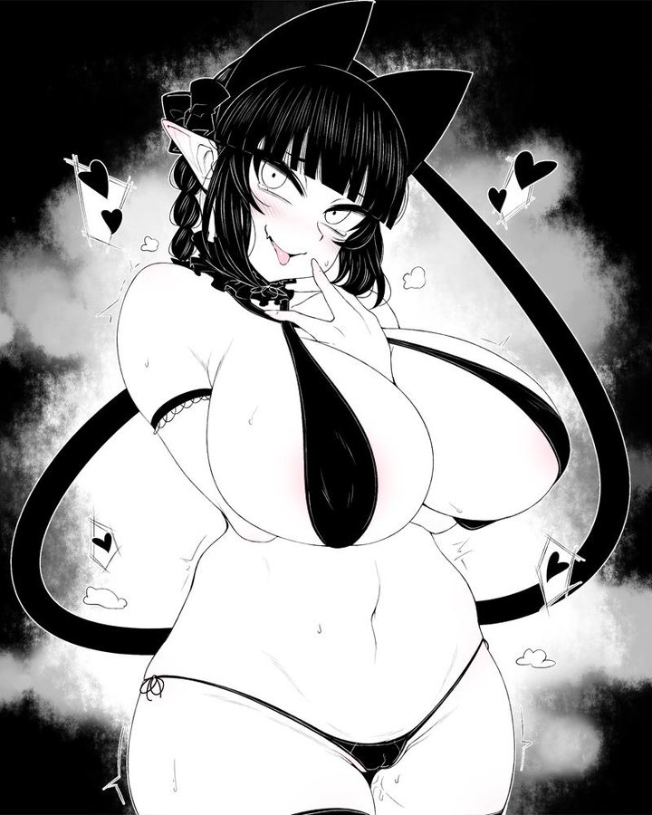 animal ears, big breasts, bikini, blush, breasts, cat ears, cat tail, choker, cleft of venus, curvy, demon, demon girl, female, ginku mh, hand between breasts, horny, huge breasts, long tail, monochrome, navel, pointy ears, pussy, ribbon, rin kaenbyou, seductive, side-tie bikini, side-tie panties, smile, solo, spoken heart, string panties, succubus, tail, touhou, trembling, wet pussy