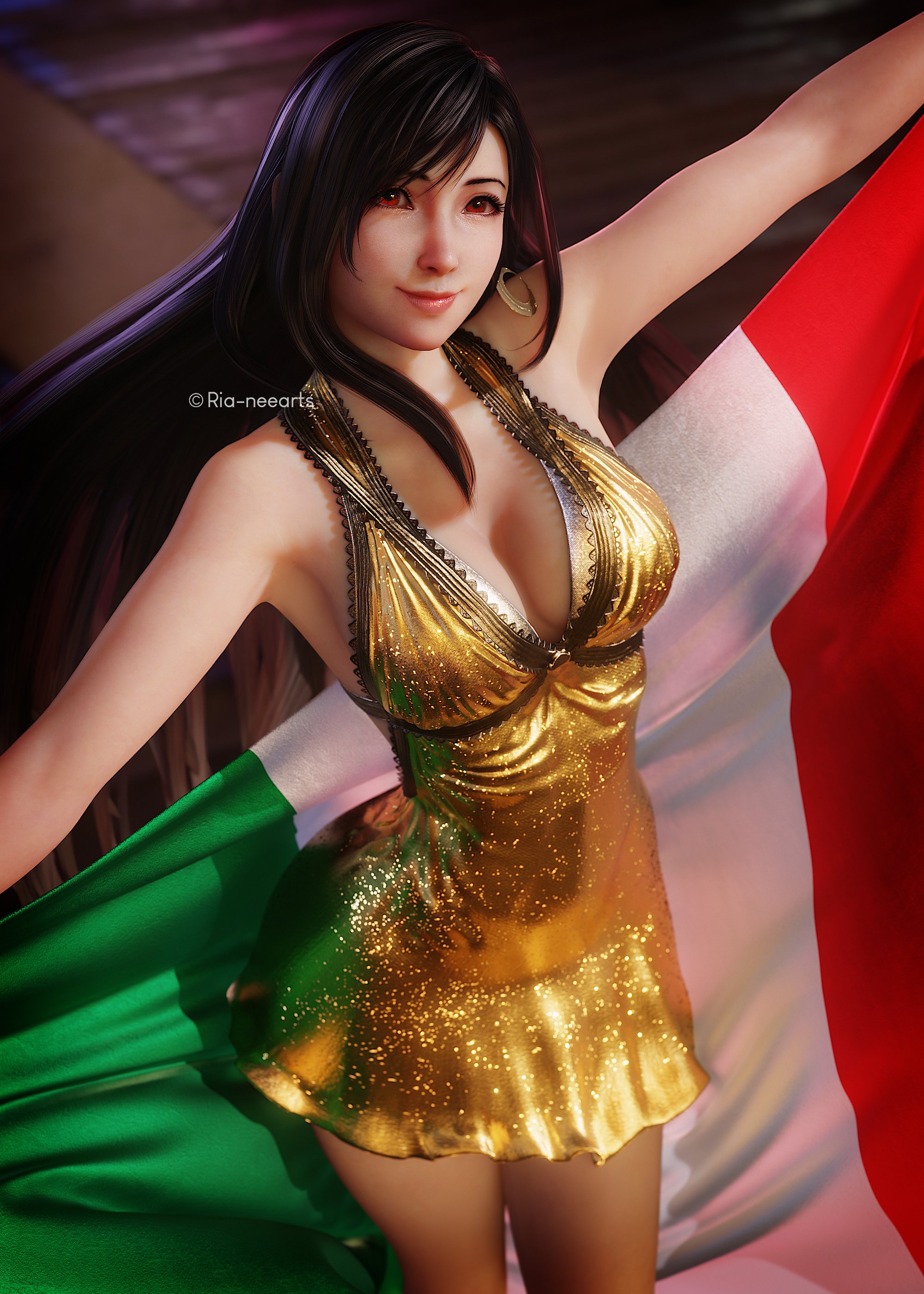 1girls, 3d, black hair, breasts, cleavage, dress, earrings, female, female only, final fantasy, final fantasy vii, final fantasy vii remake, flag, italian flag, italian senate hack, large breasts, long hair, looking at viewer, meme, red eyes, ria-neearts, smile, solo, tifa lockhart