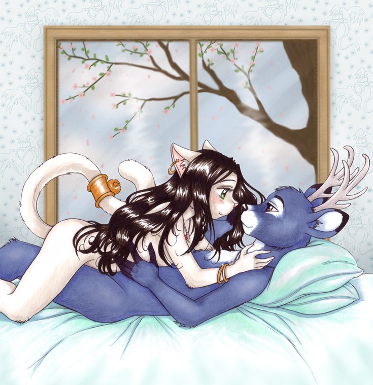 anthro antlers bed bell blue_fur blush brown_eyes brown_hair cervid cuddling domestic_cat duo eye_contact felid feline felis female fio fur green_eyes hair horn inside looking_at_another male mammal nude on_bed pillow predator/prey romantic romantic_ambiance romantic_couple straight tree window wood