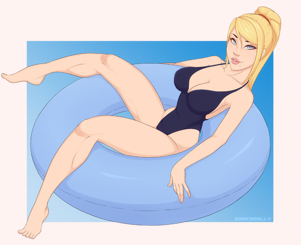 1girls bad_anatomy beauty_mark big_breasts blonde_hair blue_eyes breasts cleavage clothing dimedrolly fair-skinned_female fair_skin female female_focus female_only hair hair_between_eyes light-skinned_female light_skin lips looking_at_viewer metroid mole_under_mouth nintendo one-piece_swimsuit ponytail pool_float samus_aran smile solo solo_female solo_focus swimsuit thick_lips video_games