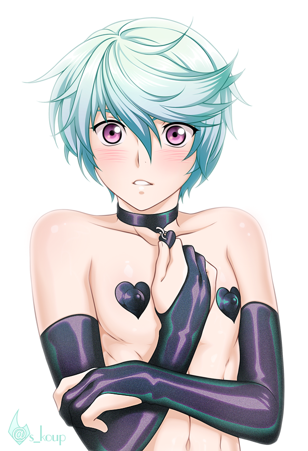 1boy blue_hair blush collar crossdressing femboy girly gloves heart_collar latex latex_gloves male male_only mikleo_(tales) nipple_covers opera_gloves pasties purple_eyes shailo solo tales_of_(series) tales_of_zestiria