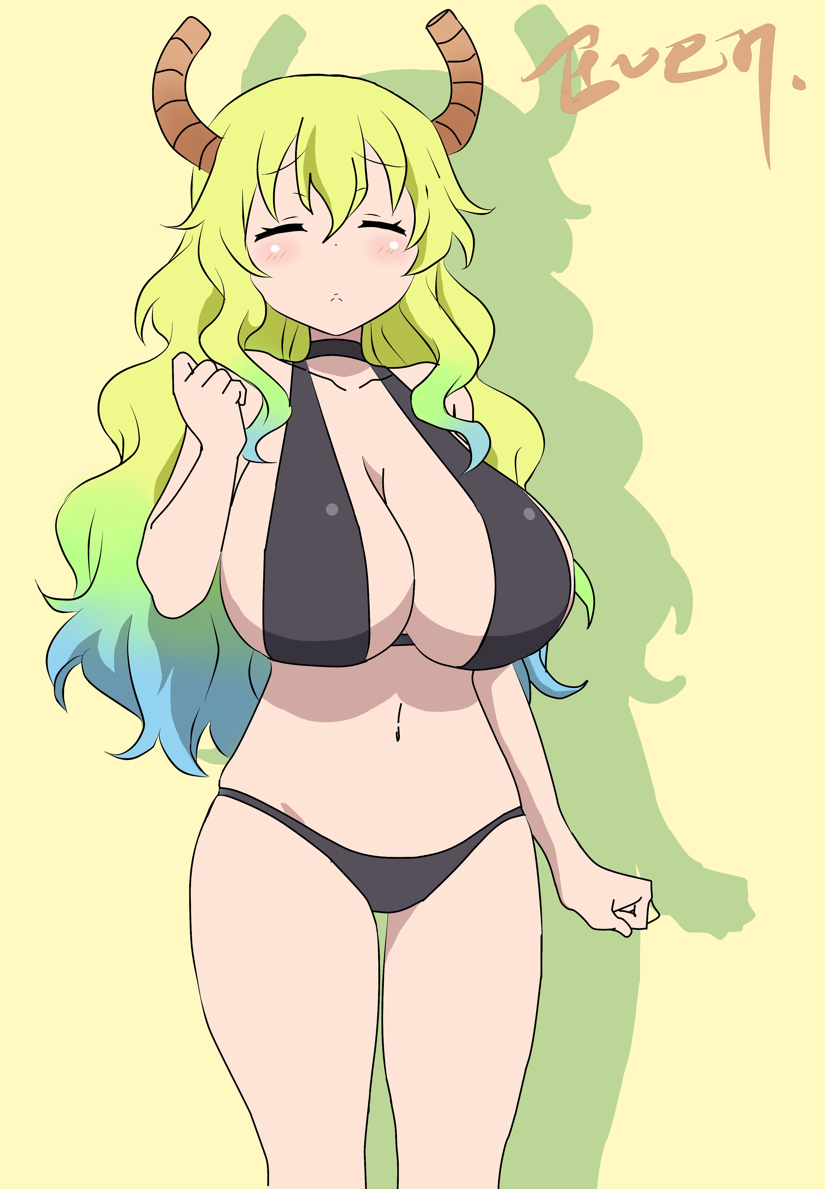 1girls, bangs, big breasts, bikini, bikini bottom, bikini top, black bikini, blonde hair, blush, breasts, cleavage, closed eyes, female, hair between eyes, horns, huge breasts, long hair, miss kobayashi's dragon maid, multicolored hair, navel, quetzalcoatl (dragon maid), thighs