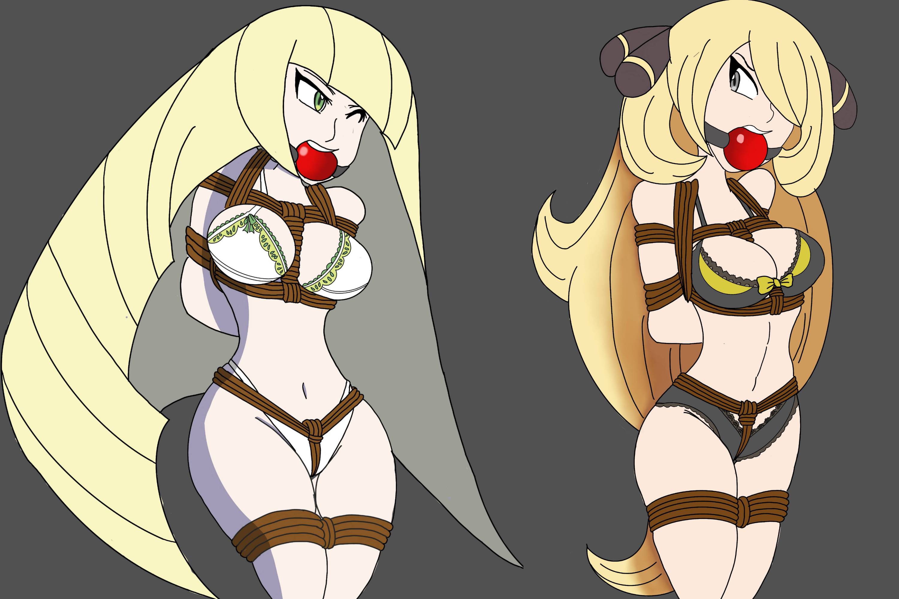 2girls, aether foundation, alternate breast size, angry, arms behind back, ball gag, big breasts, bikini, blonde hair, bondage, bound, bound arms, bound legs, bra, breasts, cleavage, crotch rope, cynthia (pokemon), female, female only, femsub, gag, gagged, glaring, green eyes, long hair, lusamine (pokemon), multiple females, multiple girls, multiple subs, nintendo, nude, panties, pokemon, pokemon dppt, pokemon sm, pokemon usm, rabbsx15, red ball gag, restrained, silver eyes, source request, thick thighs, thong, tied up, wide hips, wince