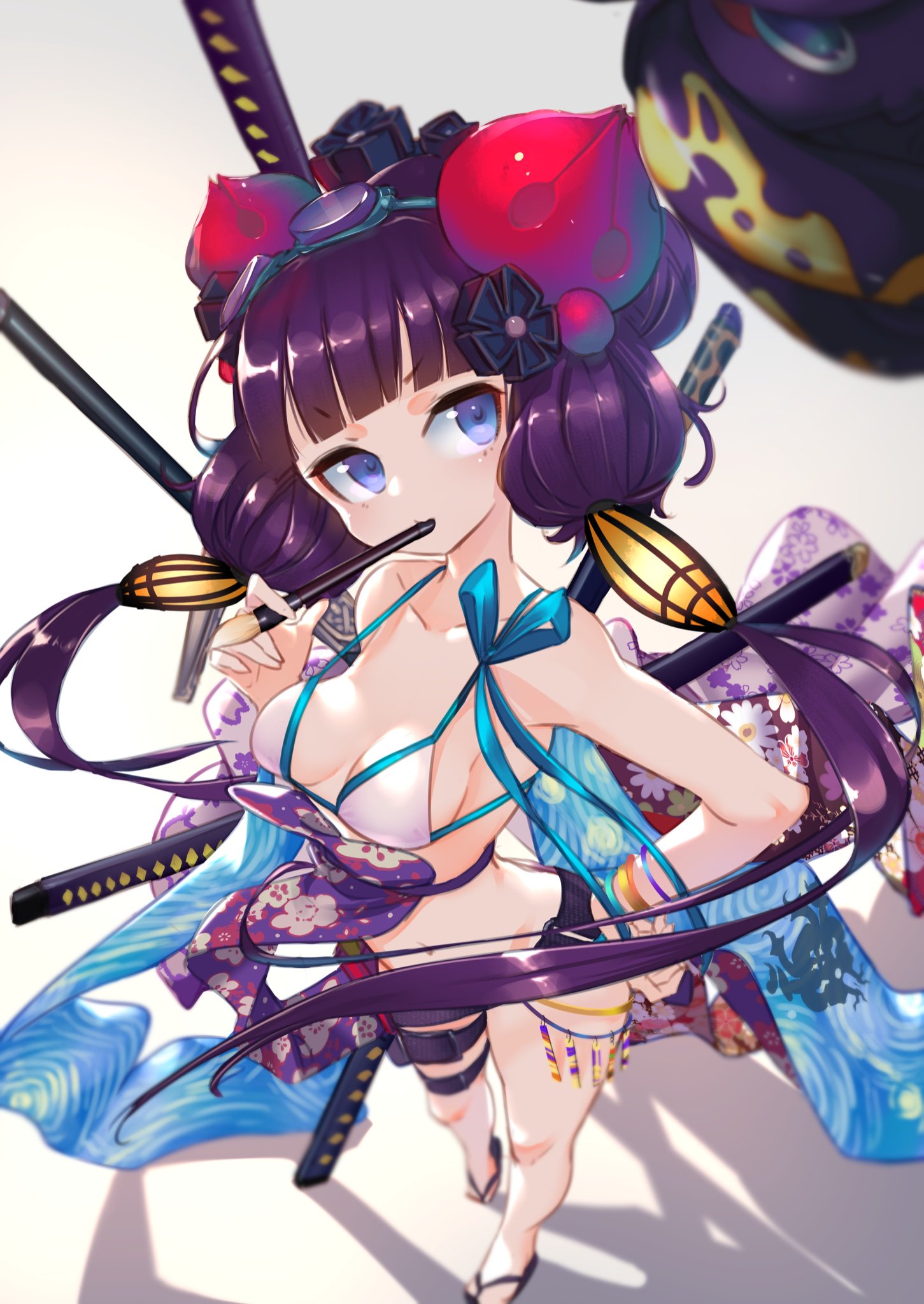 1girls, bikini, bikini top, blue eyes, breasts, brush, depth of field, fate (series), fate/grand order, female, geisha, hand on hip, hizake, kashu (hizake), katsushika hokusai (fate), object in mouth, purple hair, revealing clothes, ribbon, sandals, simple background, solo, straps, swords, white background