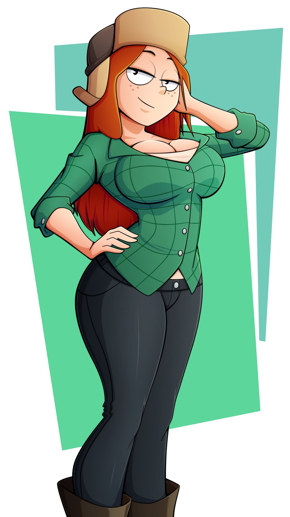 1girls, bedroom eyes, big breasts, boots, bottomwear, breasts, cleavage, clothing, disney, disney channel, disney xd, female, female only, flannel, footwear, freckles, gravity falls, green shirt, hand on head, hand on hip, hat, headwear, jeans, large breasts, light skin, light-skinned female, looking at viewer, ravenravenraven, red hair, smile, solo, straight hair, ushanka, wendy corduroy, wide hips