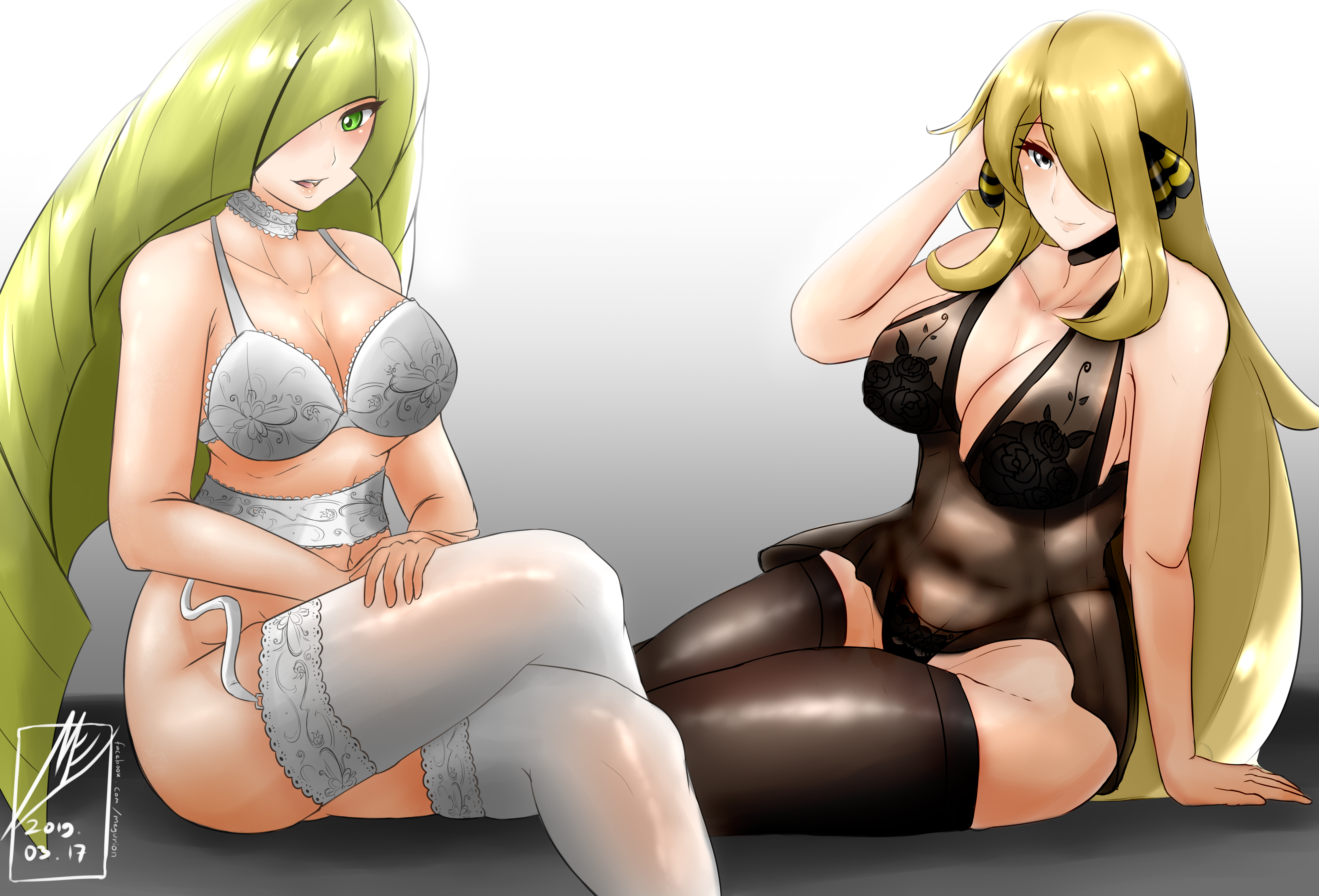 2girls, absurd res, aether foundation, ass, big breasts, blonde, blonde hair, blush, bra, breasts, choice, choker, comparison, cynthia (pokemon), duo, female, garter belt, garter straps, green eyes, grey background, hair over one eye, highres, lace choker, large breasts, lingerie, long blonde hair, long hair, lusamine (pokemon), megurion, nintendo, panties, plain background, pokemon, pokemon dppt, pokemon sm, pokemon usm, silver eyes, simple background, smile, thick thighs, thighhighs, tight clothing, underwear, white background