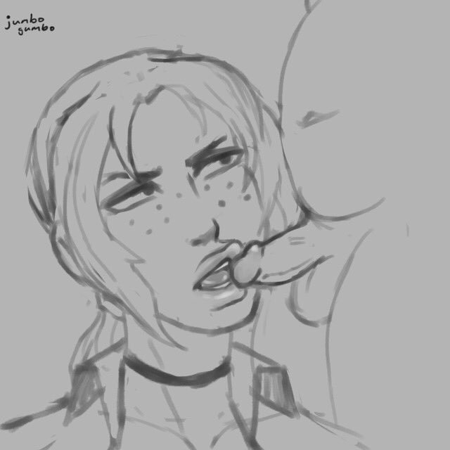 1boy, 1girls, annoyed, attack on titan, black and white, blowjob, fellatio, female, freckles, jumbogumbo, male, oral, penis, shingeki no kyojin, small penis, tagme, ymir (shingeki no kyojin)