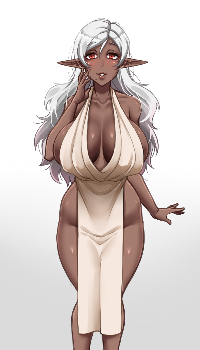 1girls blush breasts cleavage clothed dark-skinned_female dark_elf dark_skin dress elf eye_contact female female_only half-closed_eyes huge_breasts long_hair looking_at_viewer pointy_ears pose red_eyes revealing_clothes sideboob skimpy solo standing thick_thighs twrlare white_background white_hair wide_hips