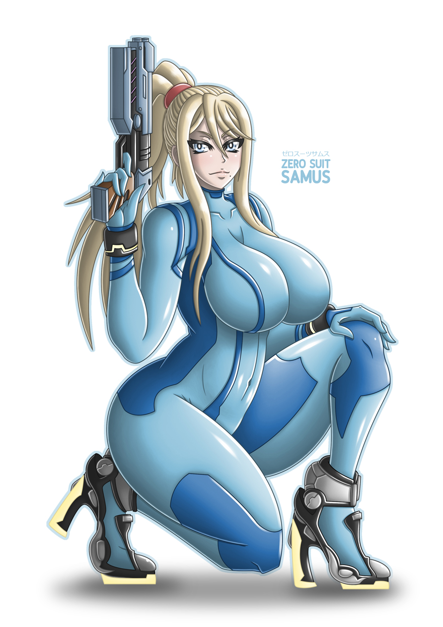 1girls, 2019, arched back, bangs, big breasts, blonde hair, blue bodysuit, blue eyes, bodysuit, breasts, cleavage, crouching, deviantart, female, gloves, gun, hair between eyes, hand on knee, high heels, holding gun, holding weapon, huge breasts, kneeling, looking at viewer, metroid, mole, mole under mouth, nintendo, ponytail, samus aran, sidelocks, simple background, skin tight, super smash bros., takilmar, text, thick thighs, thighs, weapon, zero suit, zero suit samus