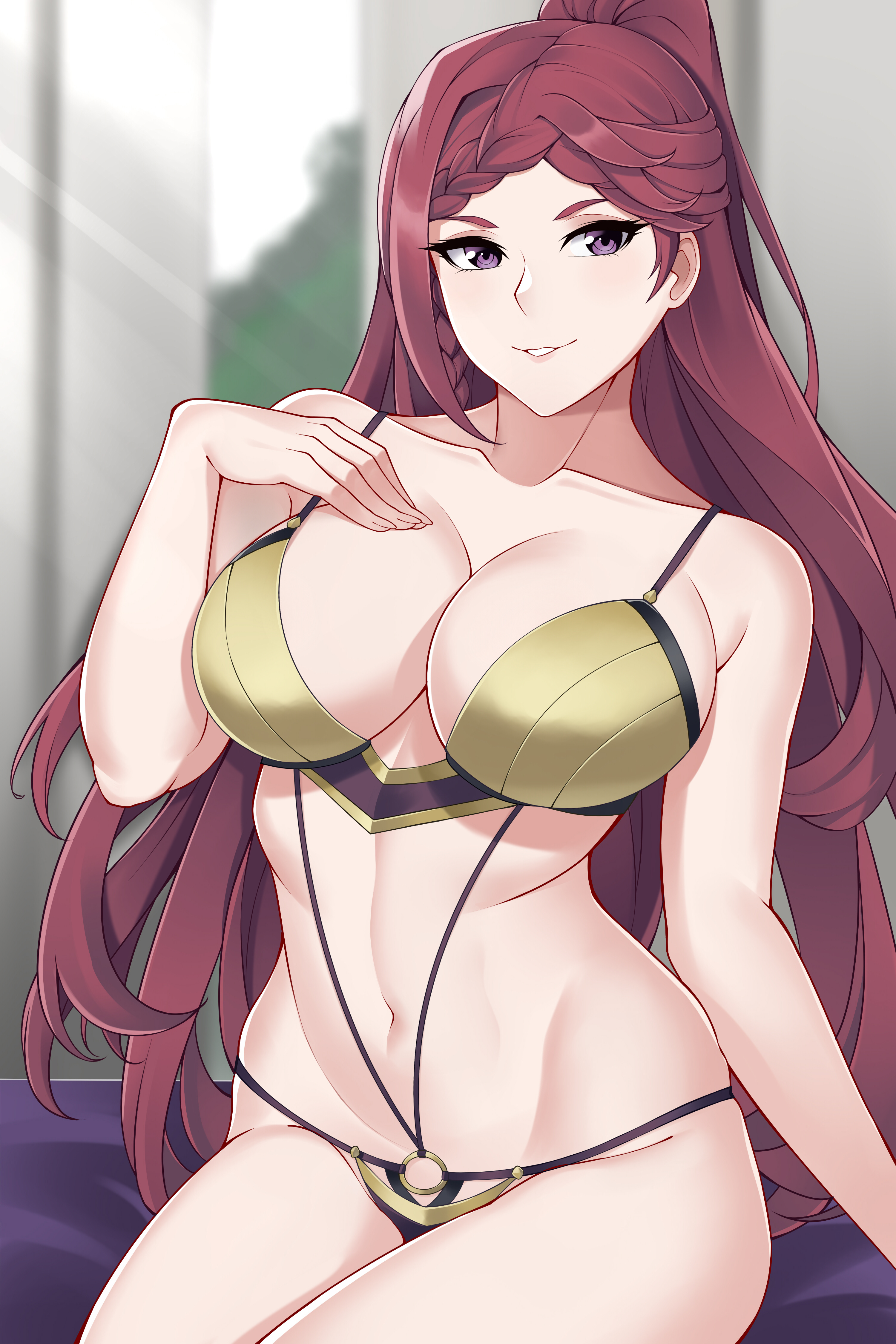 1girls, aslindsamure, bare shoulders, bikini, blurry background, breasts, cleavage, female, fire emblem, fire emblem heroes, hair, hand on own chest, large breasts, lingerie, loki (fire emblem), long hair, looking at viewer, nintendo, purple, purple eyes, sitting on bed, solo, swimsuit