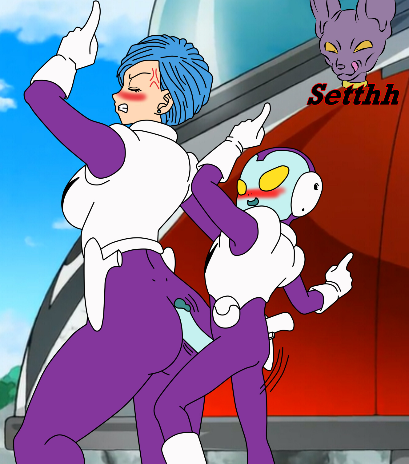 1girls, alien, ass, assjob, beerus, bulma briefs, buttjob, clenched teeth, dragon ball, dragon ball super, female, galactic patrol uniform, hotdogging, human, jaco the galactic patrolman, licking lips, male, milf, penis, setthh98, spandex