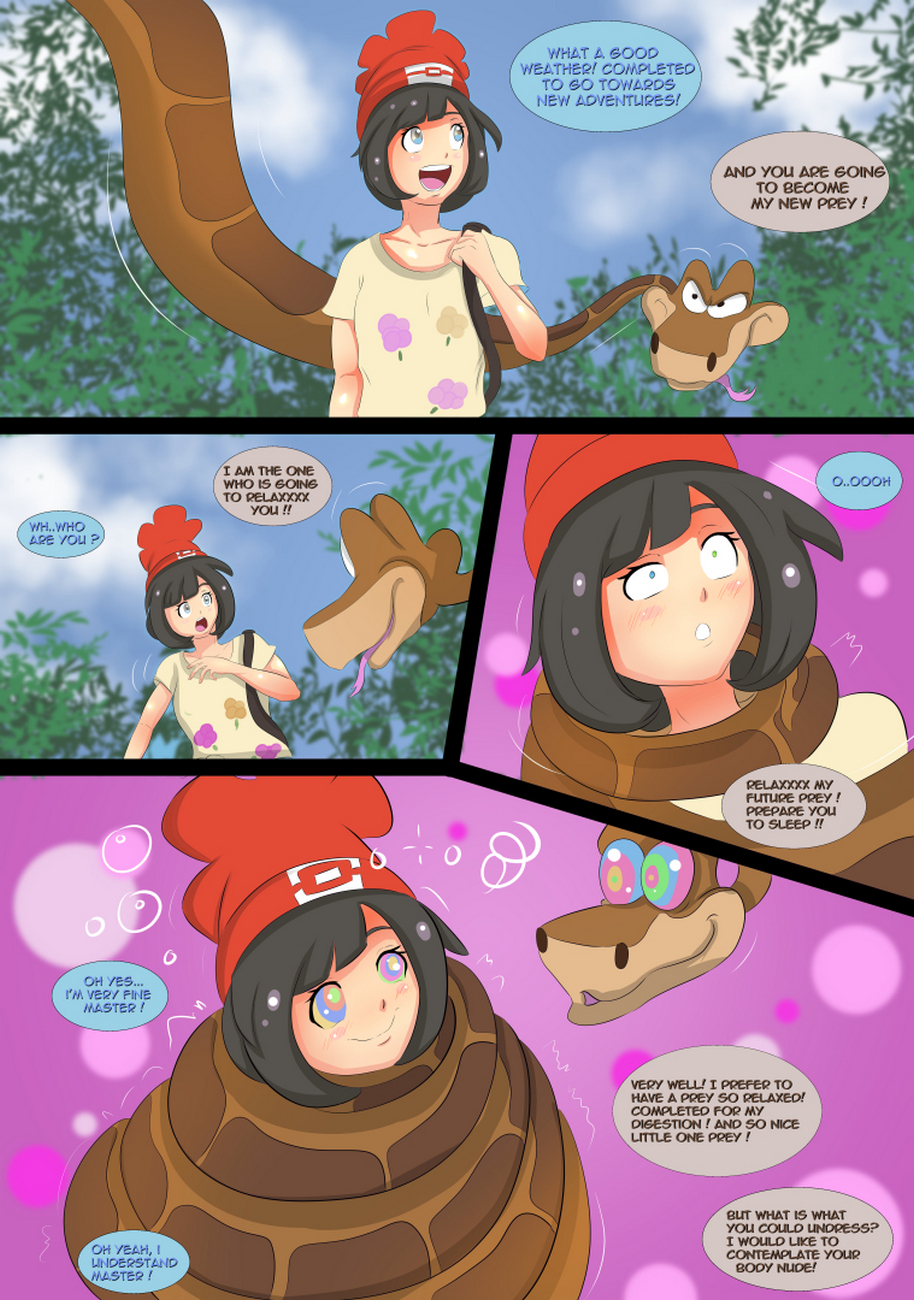 1boy, 1girls, artofadam, clothing, comic, crossover, disney, eastern and western character, female, human, hypnosis, kaa, kaa eyes, male, mind control, nintendo, pokemon, pokemon sm, restrained, selene (pokemon), snake, the jungle book