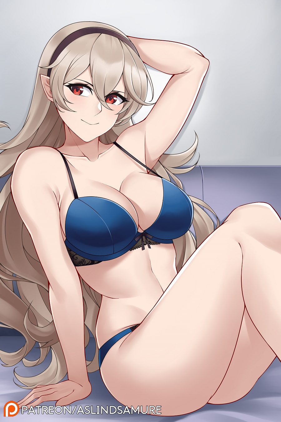 1girls, arms behind head, aslindsamure, blue bra, corrin (fire emblem), corrin (fire emblem) (female), female, fire emblem, fire emblem fates, grey hair, lingerie, manakete, nintendo, patreon, red eyes, sitting on bed, solo, solo female, solo focus