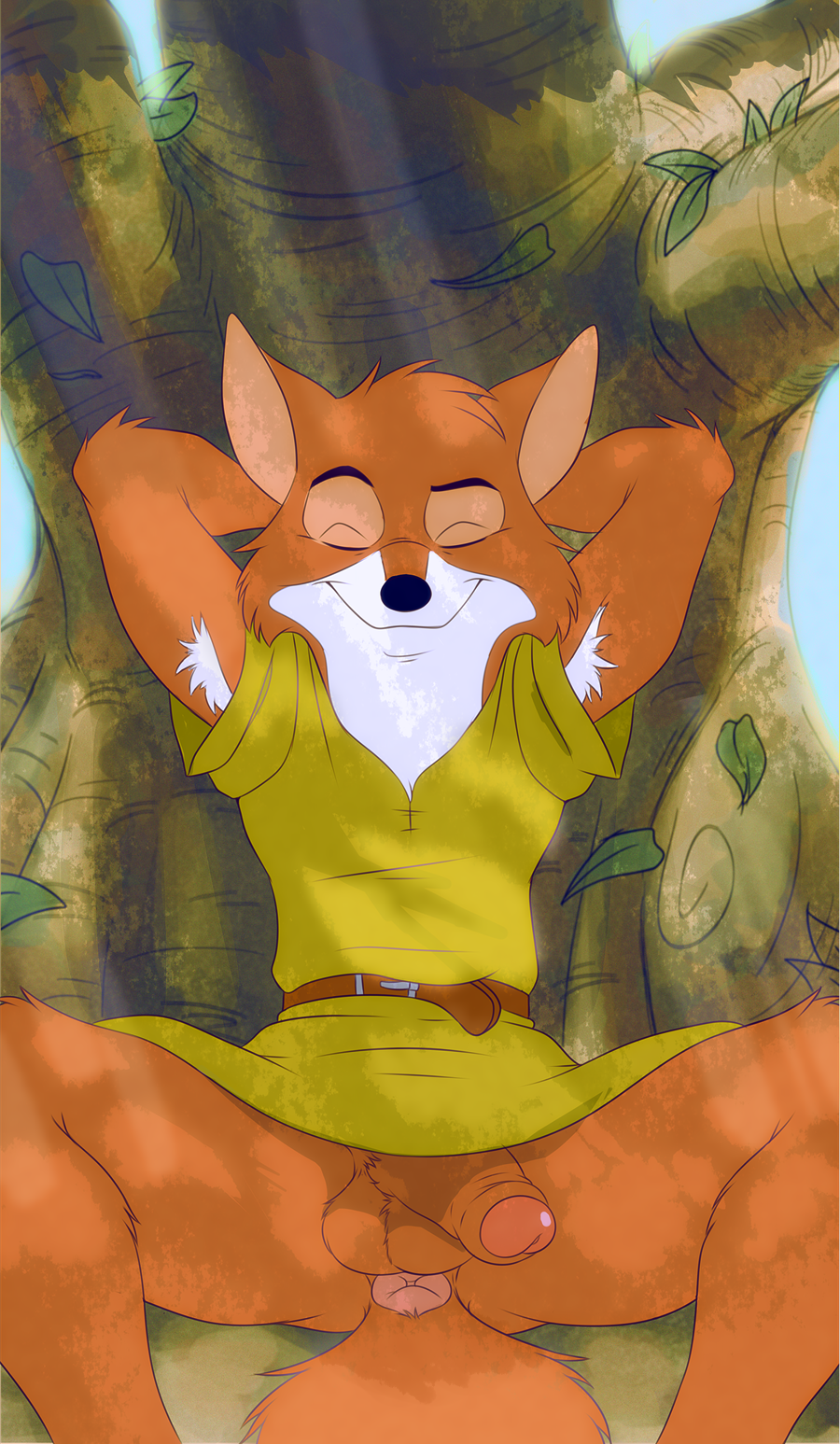 anthro anus armpit_hair balls bottomless canid canine clothed clothing disney flaccid foreskin fox hi_res humanoid_penis male male_only mammal outdoors penis public raised_arm red_fox robin_hood_(character) robin_hood_(disney) sleeping solo tenderule34 testicles tree tunic uncut