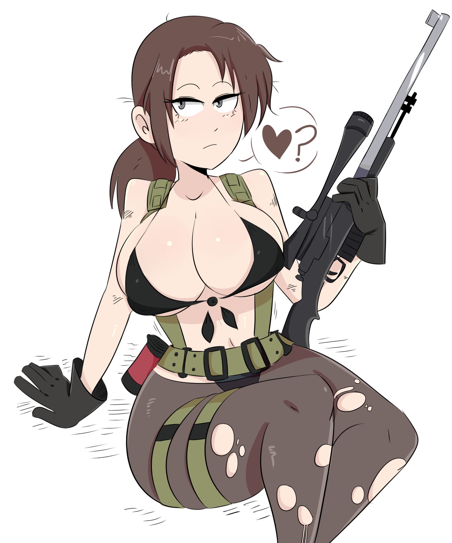 1girls, big breasts, bikini bottom, bikini top, black bikini, black gloves, breasts, brown hair, cleavage, female, gloves, grey eyes, holding weapon, jinu, large breasts, looking at viewer, metal gear solid v, navel, pantyhose, ponytail, quiet (metal gear), revealing clothes, ripped clothing, simple background, sitting, sniper, sniper rifle, solo, thighs, weapon