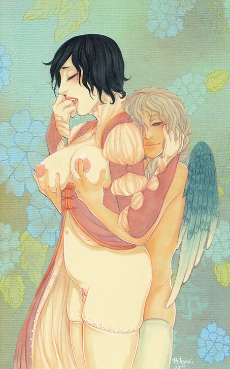 1boy 1girls anoki bottomless breasts female femboy femboy_on_female girly groping_breasts hetero long_hair male male/female nude penis_between_legs pussy reach_around stocking straight thighhighs wings