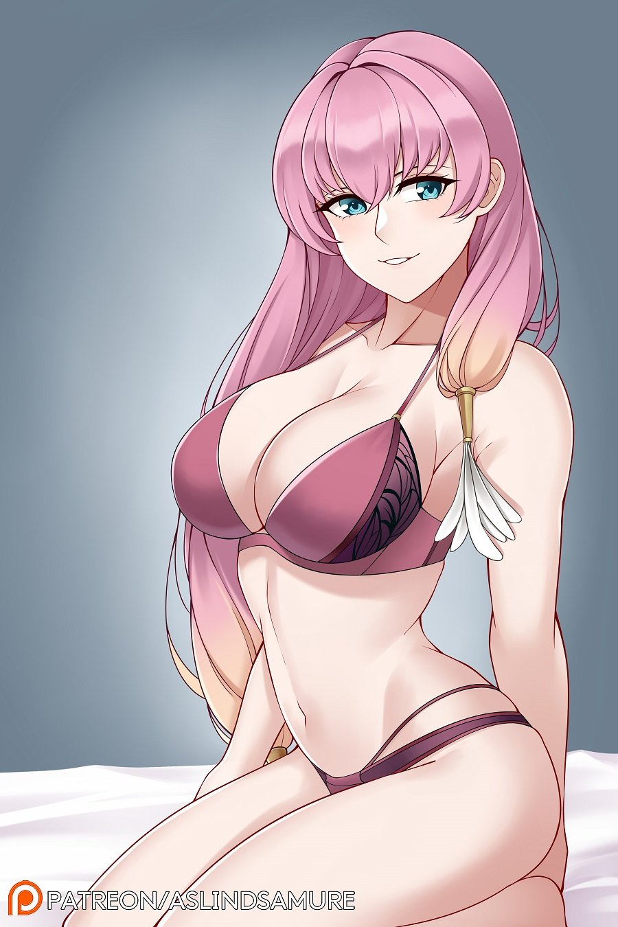 1girls, aslindsamure, blue eyes, female, fire emblem, fire emblem heroes, gunnthra (fire emblem), hair ornament, lingerie, nintendo, on knees, patreon, pink hair, sitting on bed, solo, two-tone hair