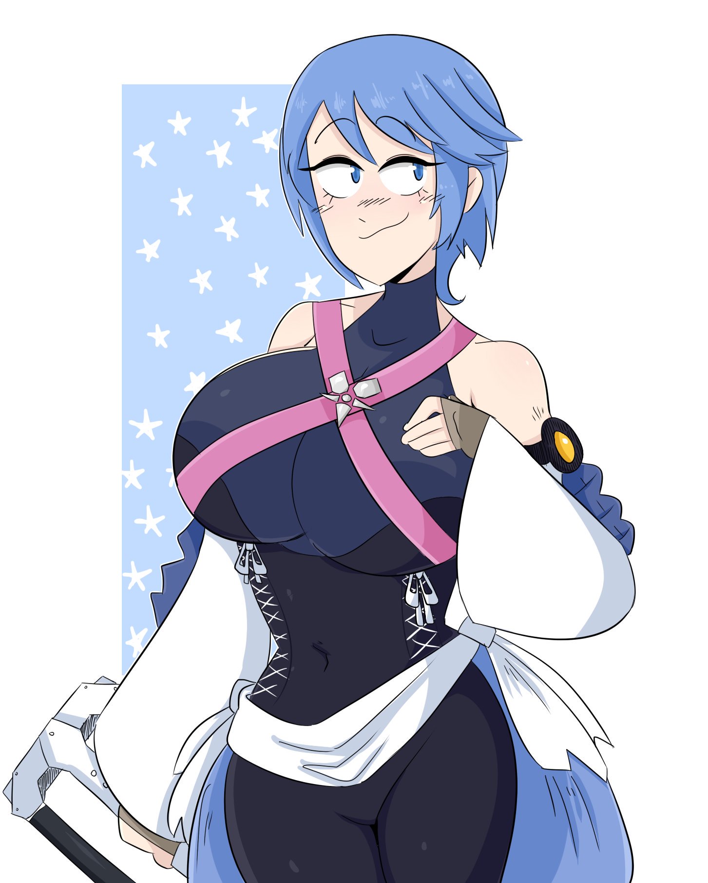 1girls, alternate breast size, aqua (kingdom hearts), bare shoulders, big breasts, blue eyes, blue hair, blue-haired female, blush, breasts, clothed, clothes, covered navel, curvy, detached sleeves, disney, female, huge breasts, jinu, keyblade, kingdom hearts, looking away, short hair, smile, square enix, straps, thick thighs, wide hips, zipper