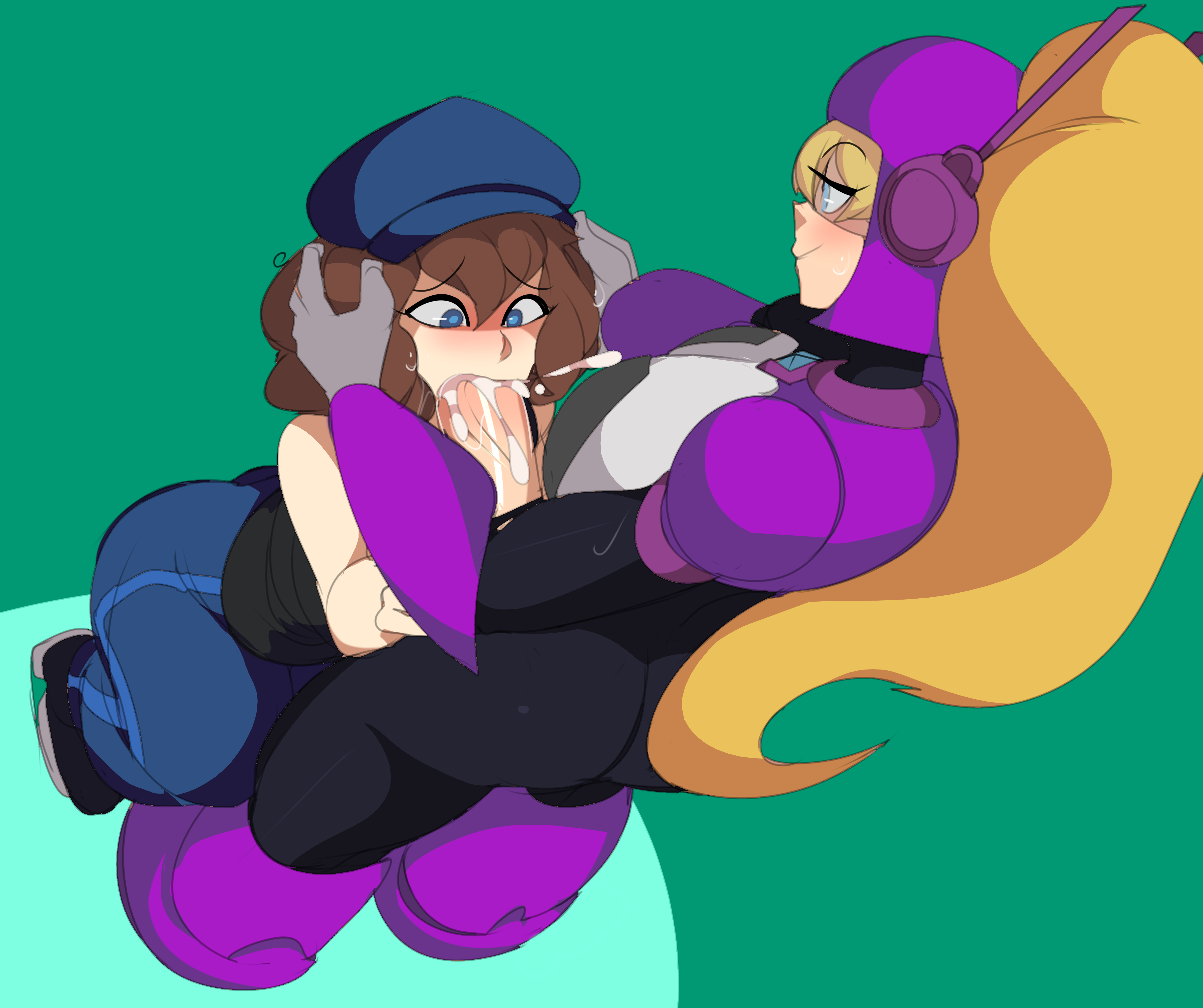 1boy, armor, blonde hair, blue eyes, brown hair, captain kirb, cum, fellatio, femboy, futa on male, futanari, intersex, jay blues (oc), jazz (oc), male, ponytail
