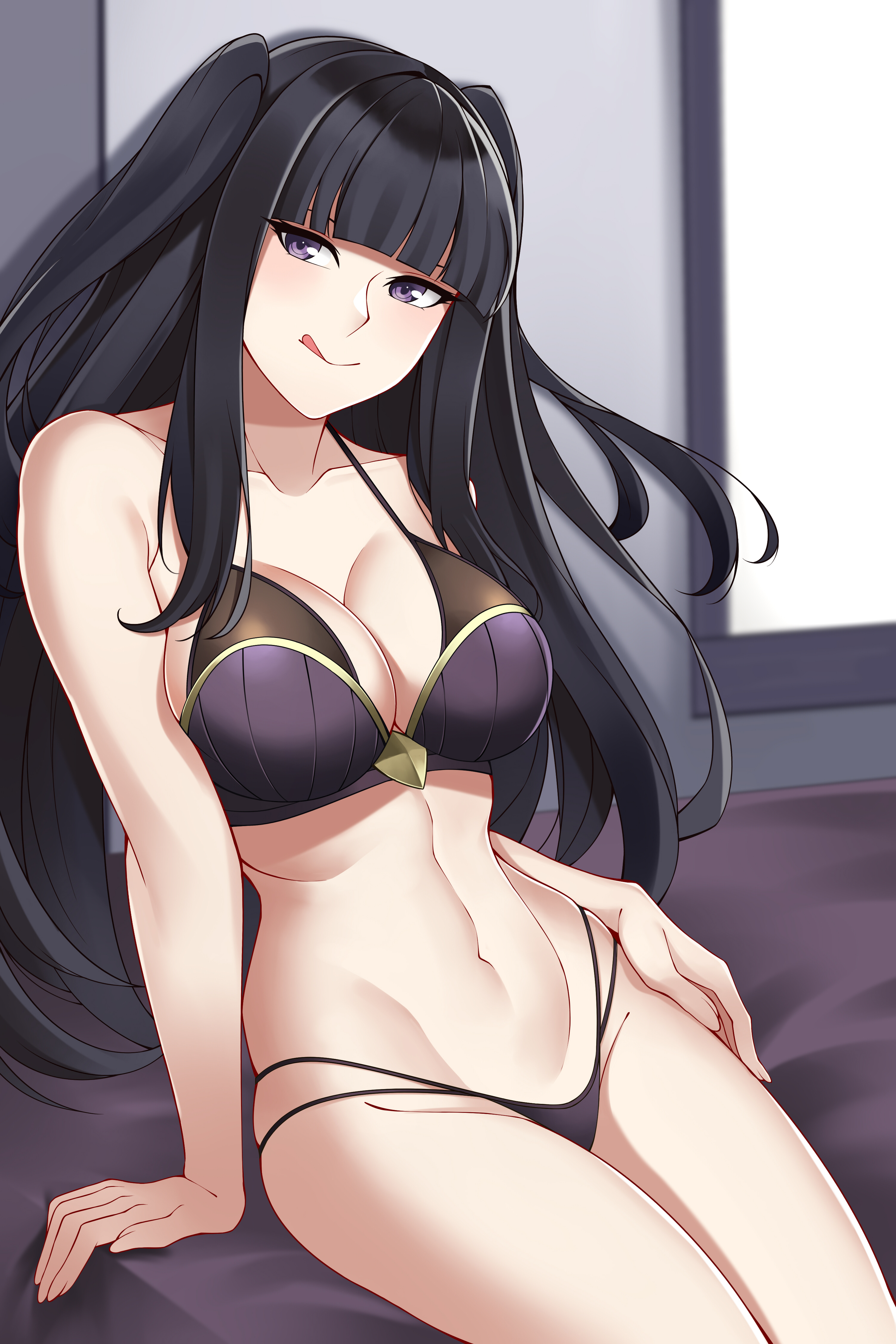 1girls, arm support, aslindsamure, black hair, female, fire emblem, fire emblem awakening, lingerie, nintendo, purple eyes, sitting, sitting on bed, solo, tharja (fire emblem), tongue, tongue out